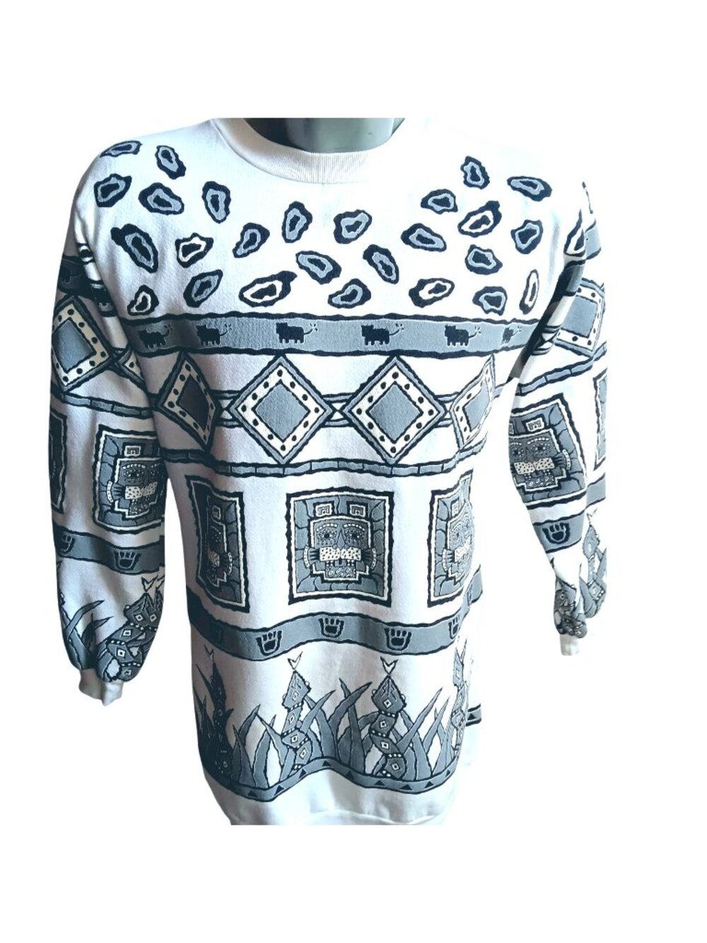 Aztec Mayan Cats Vintage Womens SweatShirt Large 1980s Puff AOP T-shirt  Scarab